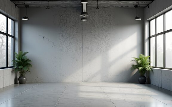 Gray open space office interior with mock up wall. High quality