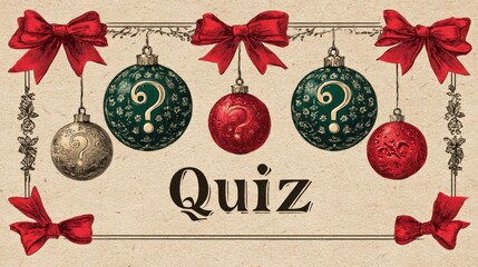 Vintage christmas quiz design with ornaments and bows on beige background