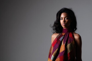 Fototapeta premium Bold halter dress showcases rich, colorful patterns, merging ele