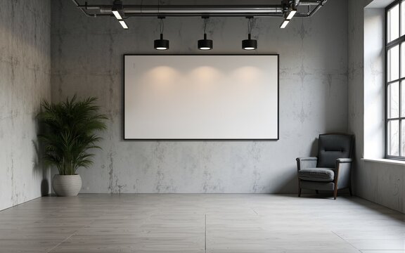 Gray open space office interior with mock up wall. High quality