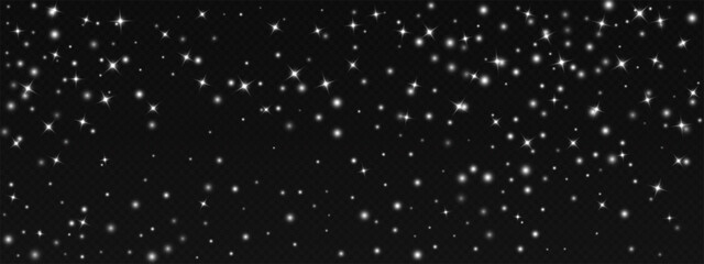 Black night sky starry wallpaper backdrop. White dots, specks, particles scattered across space texture. Vector twinkle pattern with stellar effect. Overlay template for cosmic design