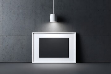 Gloss white frame mockup on matte black backdrop with spotlight