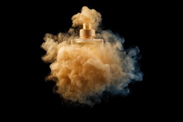 Golden mist swirls around an elegant perfume bottle, creating an