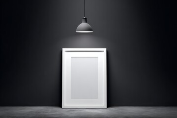 Gloss white frame mockup on matte black backdrop with spotlight