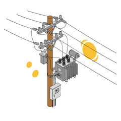 Electrical power distribution pole with transformer and overhead lines.
