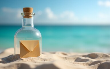 Message in a bottle signifying out of office near beach escape relaxation. High quality