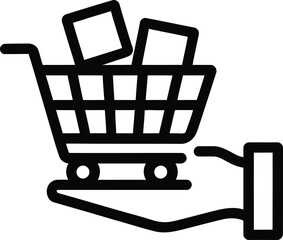 Hand holding a shopping cart filled with items icon