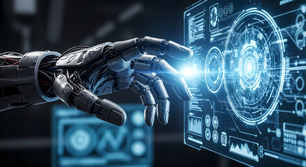 A robotic hand interacting with a futuristic digital interface, showcasing advanced technology and innovation.