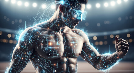 Muscular man with glowing blue circuit patterns on his body and futuristic glasses, representing a cyborg athlete in a stadium setting.