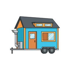 A cartoon of a tiny blue house on wheels.