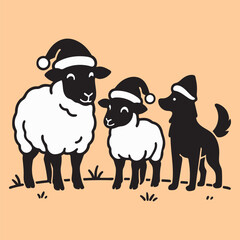 Two sheep and dog silhouette vector wearing Santa hats on orange background cute Christmas farm animal illustration