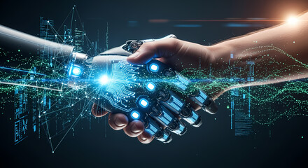 Human and robot hands shaking, symbolizing artificial intelligence collaboration and digital connection.
