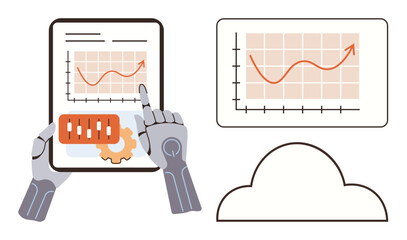 Robotic hands interact with a tablet displaying charts, graph trends, and settings gear. Cloud connection and data visualization suggest technological innovation. Ideal for AI, analytics, automation