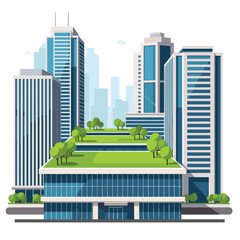 Modern urban architecture featuring sleek skyscrapers and innovative green rooftop gardens.