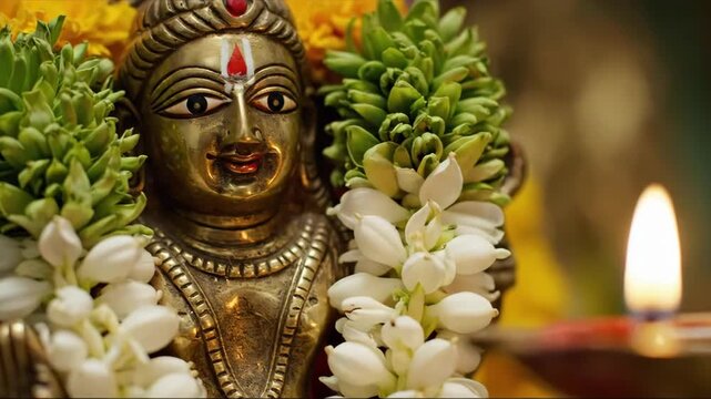 Beautiful Vishnu Idol Decorated with Flowers and Lit Diya for Vishnu Ekadashi Observance and Hindu Festival Celebrations