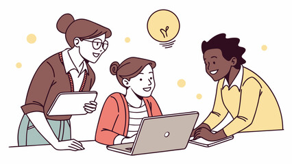 Three diverse colleagues collaborate on a project with a lightbulb above them, they are working together