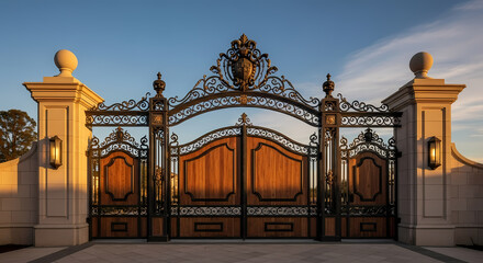 An ornate wrought iron and wood gate at the entrance to a luxury estate during a golden sunset.