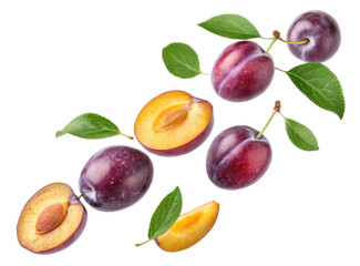 Fresh Purple Plums Including Whole and Sliced Varieties with Green Leaves Isolated on Transparent Background