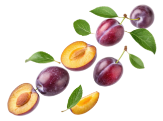 Fresh Purple Plums Including Whole and Sliced Varieties with Green Leaves Isolated on Transparent Background