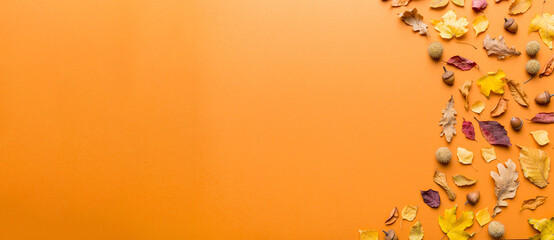 Autumn composition. Pattern made of dried leaves and other design accessories on table. Flat lay, top view