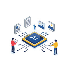 Artificial intelligence concepts in digital transformation and data processing illustrated with technology and people.