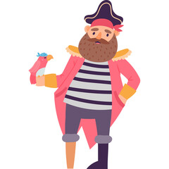 Cartoon Pirate With Beard Holding Pink Parrot And Wearing Striped Shirt Pink Coat And Hat On Transparent Background