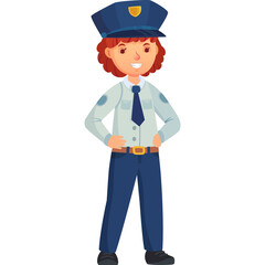Cartoon Police Officer Woman Character Standing Confidently Wearing Blue Uniform and Cap with Hands on Hips on Transparent Background