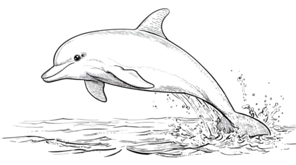 Dolphin jumping from water showing playful splash and smooth body curve in natural marine motion isolated on white background