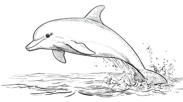 Dolphin jumping from water showing playful splash and smooth body curve in natural marine motion isolated on white background