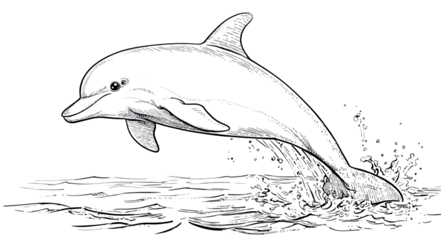 Dolphin jumping from water showing playful splash and smooth body curve in natural marine motion isolated on white background