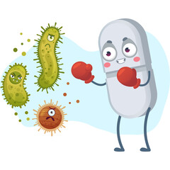 Cartoon Pill Character Wearing Boxing Gloves Fighting Against Angry Bacteria And Viruses On A Transparent Background In A Studio Setting