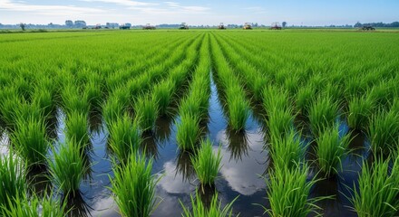 Green rice paddy field with water reflecting the blue sky and clouds