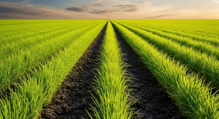 Green field of crops stretching towards the bright sunlight