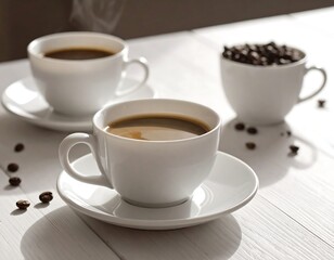 Three white porcelain cups and saucers arranged on a white wooden surface. One cup contains coffee beans