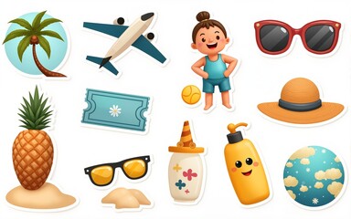 Summer stickers set. Tropical vacation on beach scrapbooking collection. Plane, ticket, sunscreen and other travel elements. Modern cartoon concept. Vector illustration. High quality