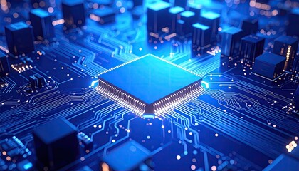 Central Microprocessor Glowing Blue on a Circuit Board With Intricate Lines and Small Square Components Illuminated With Blue Light Detailed Technological Background