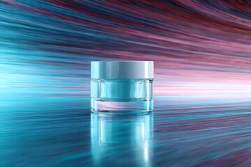 Glossy beauty jar surrounded by layered glowing strokes of abstract design