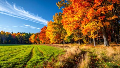 Naklejka premium Colorful autumn foliage, vast green field, and blue sky