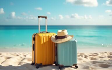 Summer Vacation  Packed Suitcases  Straw Hats  Travel Ready. High quality