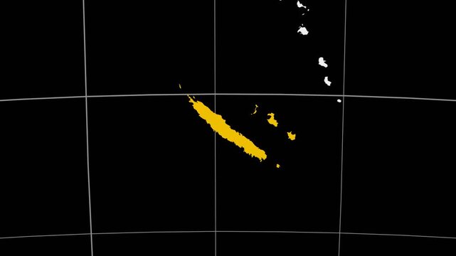 New Caledonia map. Animated zoom into the country on the Globe in Black White color palette. Country logo animation. Map with meridians, parallels. Alive video.