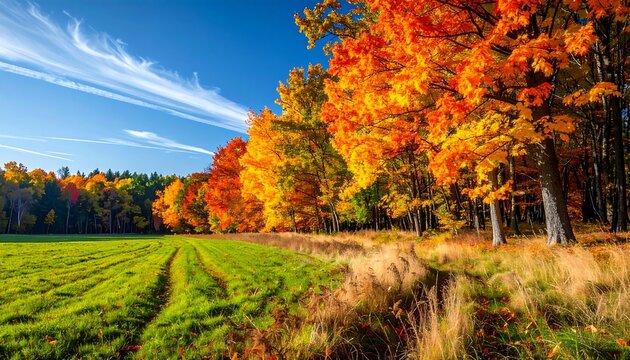 Colorful autumn foliage, vast green field, and blue sky - Powered by Adobe