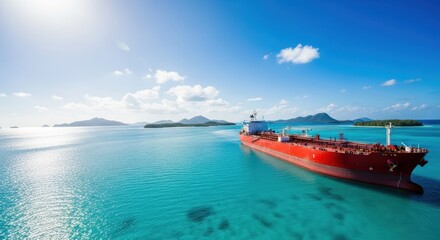 Large red cargo ship sailing on clear turquoise ocean under blue sky