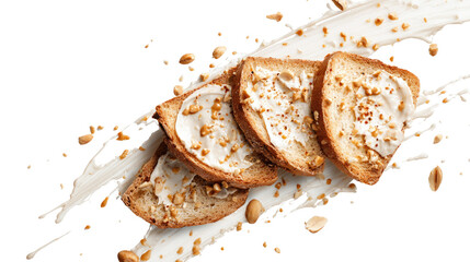 Bread slice with nut cream spread showing smooth chocolate texture and delicious breakfast snack isolated on white background