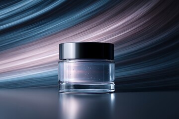 Glossy beauty jar surrounded by layered glowing strokes of abstract design
