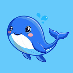 Naklejka premium Cute cartoon blue whale with water splashes on a light blue background