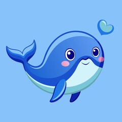 Obraz premium Cute cartoon blue whale with a heart floating in the ocean