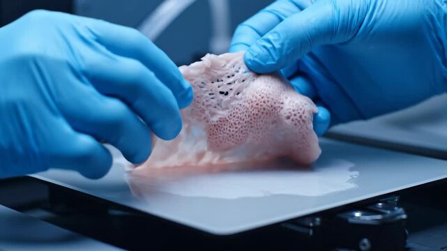Scientist with blue gloves lifting a bioreactor grown artificial human organ from a 3d printer plate for tissue engineering or research footage.