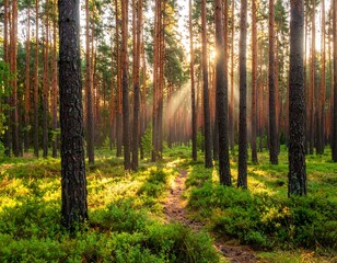 Sun rays stream through a dense forest, illuminating a path and lush undergrowth. Tall, slender trees create a canopy