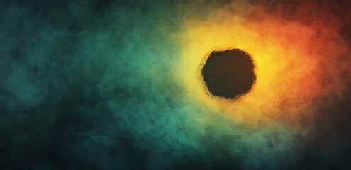 A dark background with a black backdrop serves as the foundation for an abstract grainy ring with a noise texture and a circle shape, finished with a blurred warm color blend for a banner poster