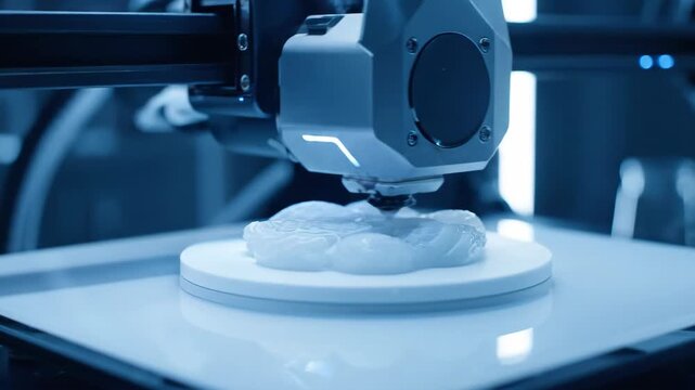 Detail of 3D bioprinter creating organic part on circular platform. Advanced additive manufacturing for medical and science concept. footage